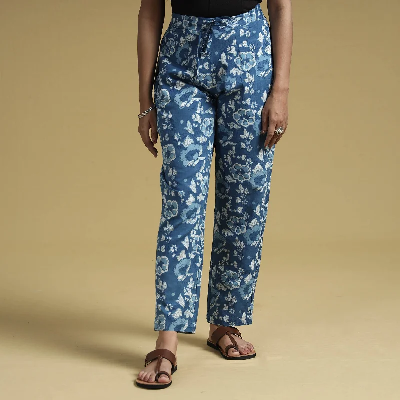 Blue - Indigo - Dabu Block Printing Cotton Pant Sleek Women's 