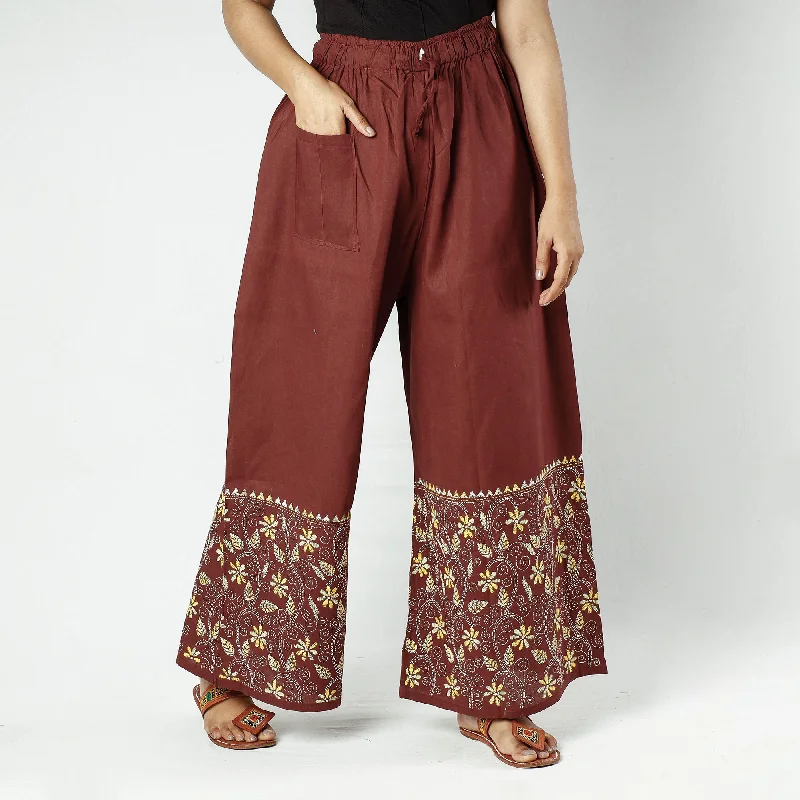 Brown - Bengal Kantha Embroidery Cotton Palazzo Geometric