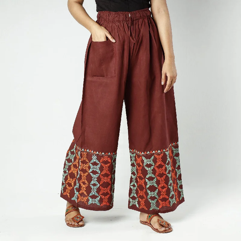 Brown - Bengal Kantha Embroidery Cotton Palazzo Confident Women's High - fashion