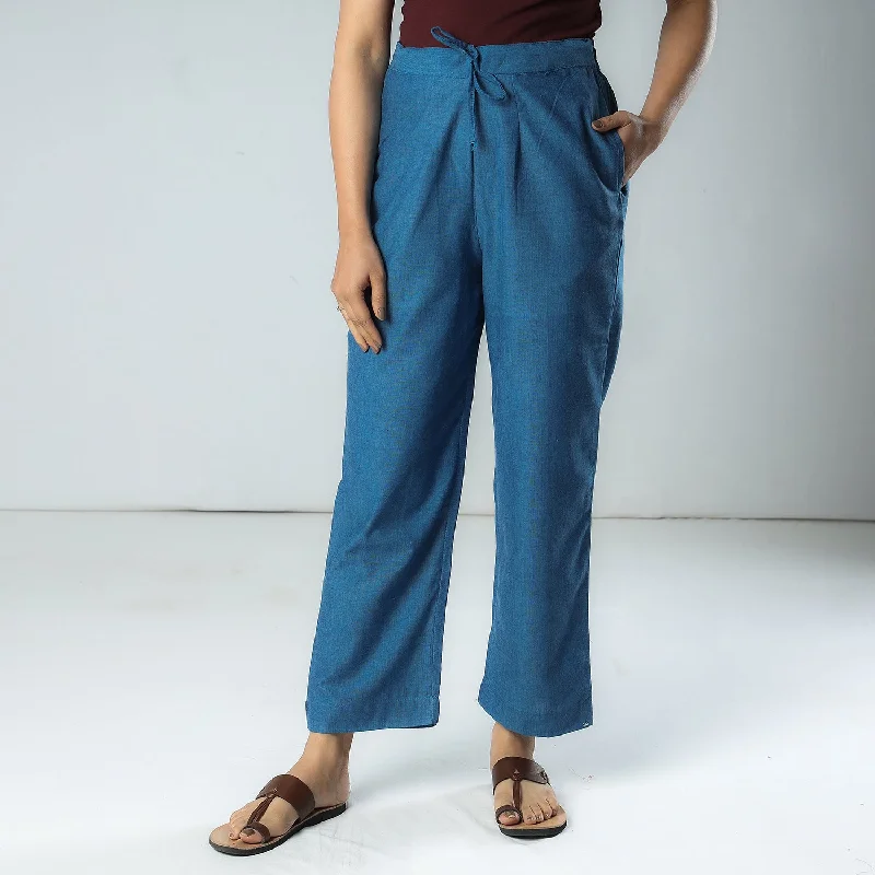 Blue - Texture Plain Dyed Cotton Relaxed Fit Pant