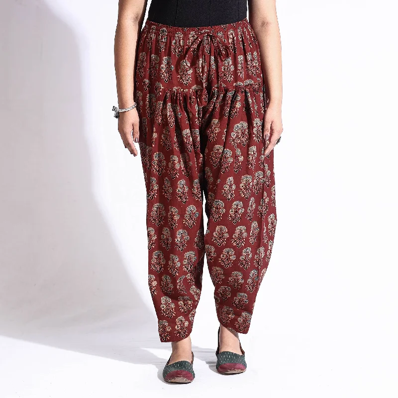 Maroon - Ajrakh Block Printed Cotton Elasticated Salwar Relaxed Women's Beachy