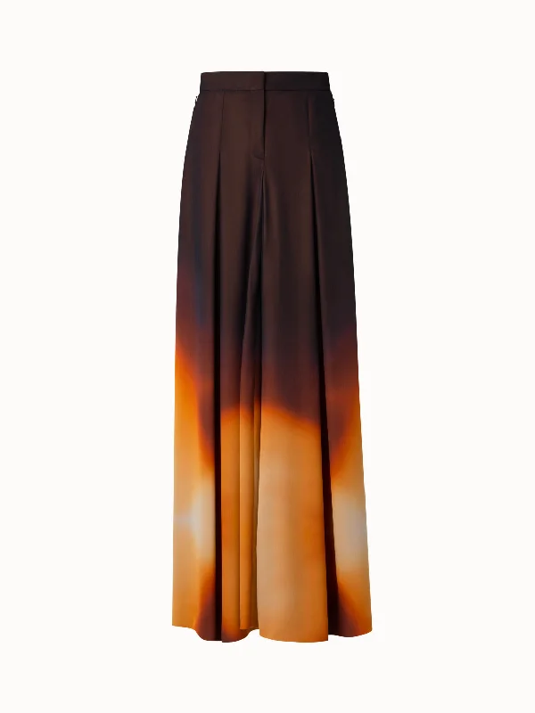 Extra Wide Palazzo Silk Pants with Autumn Twilight Print Feminine Women's Soft 