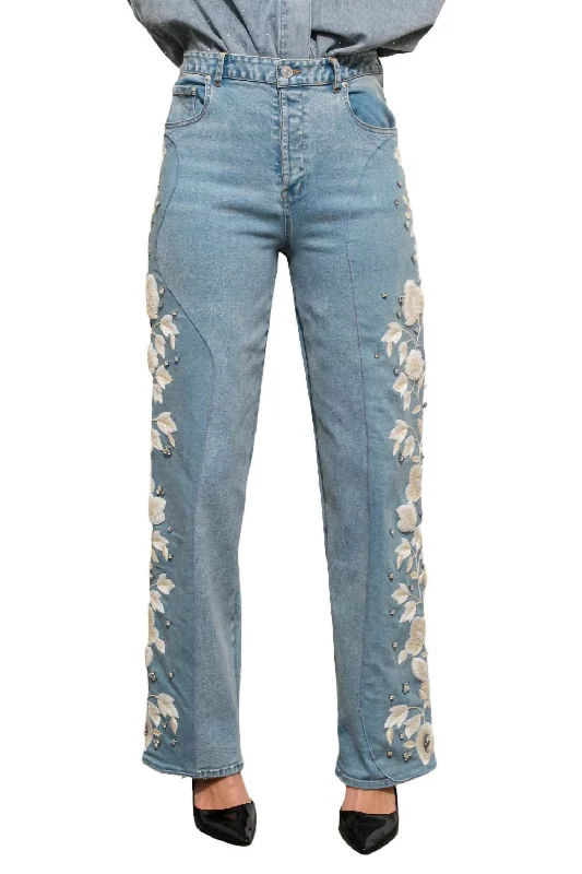 Floral Embellished Denim Jeans In Blue