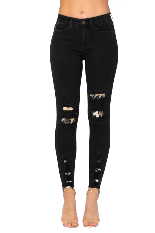 Mid-Rise Skinny Leopard Patch Jean In Black