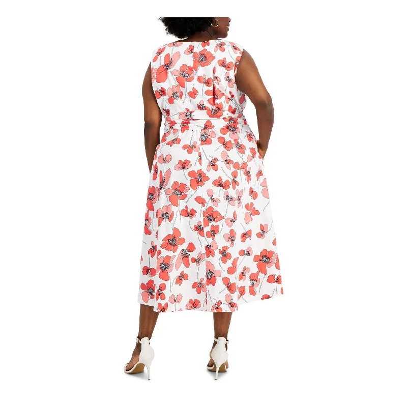 Anne Klein Women's Pocketed Tie Front Slit Hems Lined Floral Sleeveless Work Fit Flare Dress Plus Red Size 1X