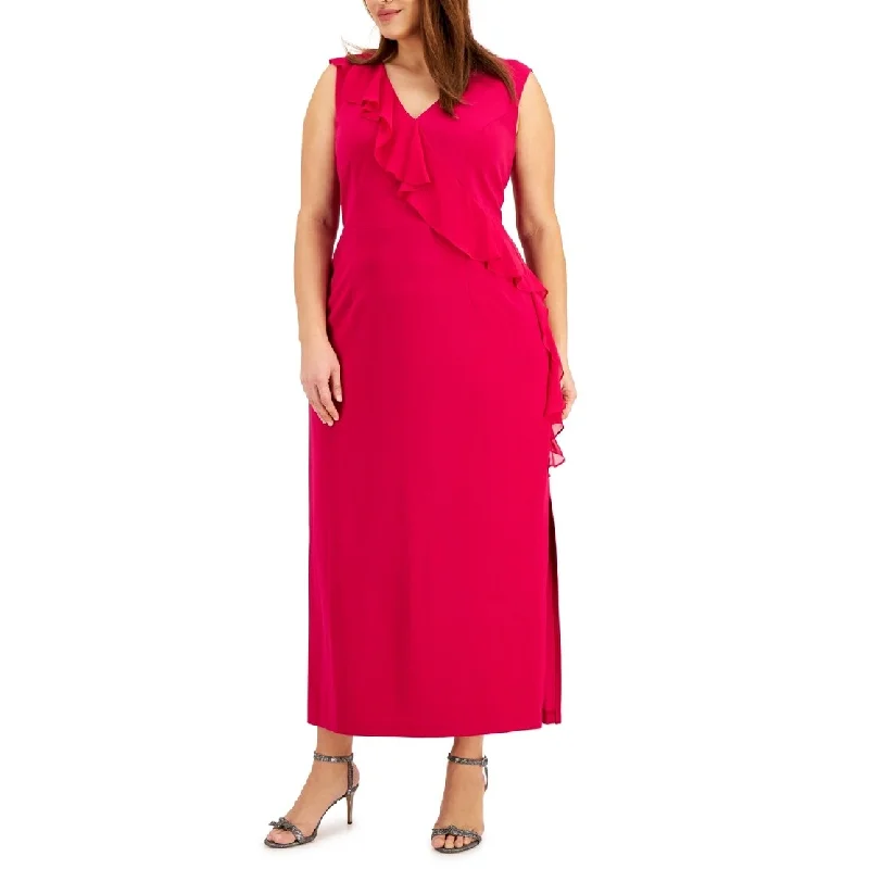 Connected Women's V Neck Ruffle Dress Pink Size 14W Laid - back Women's Style