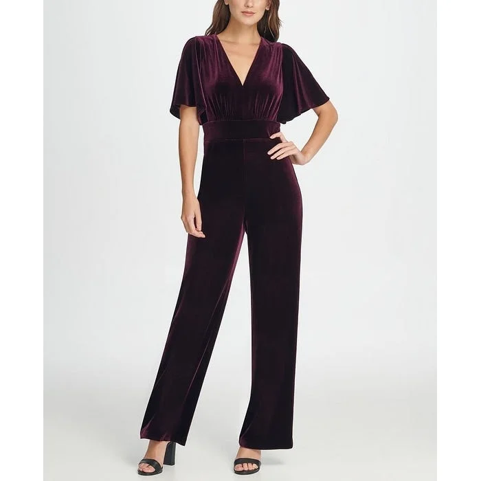 DKNY Women's Zippered Bell Sleeve V Neck Wide Leg Party Jumpsuit Purple Size 10