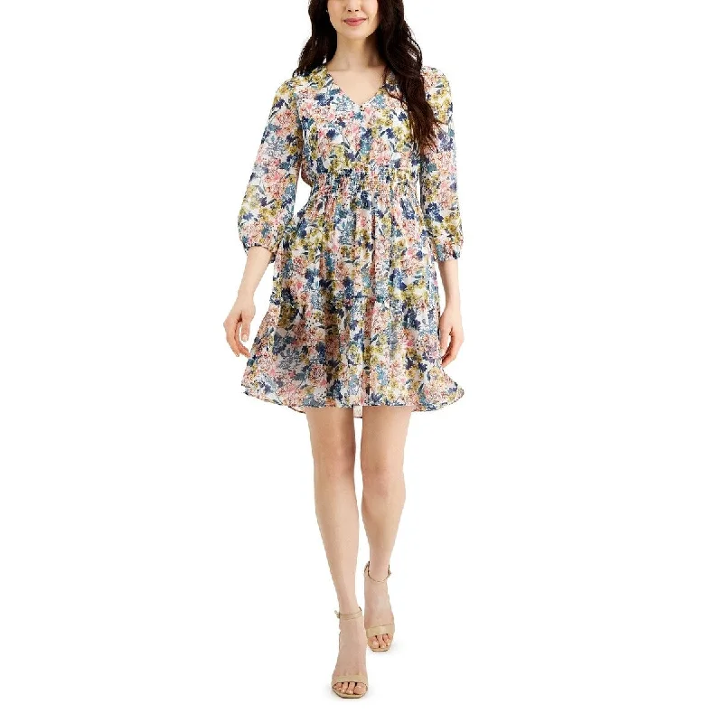 Taylor Women's Ruffled Floral Print Chiffon Smocked A Line Dress White Size 8 Elegant Women's Formal 
