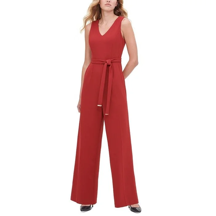 Tommy Hilfiger Women's Belted V Neck Jumpsuit Brown Size 16