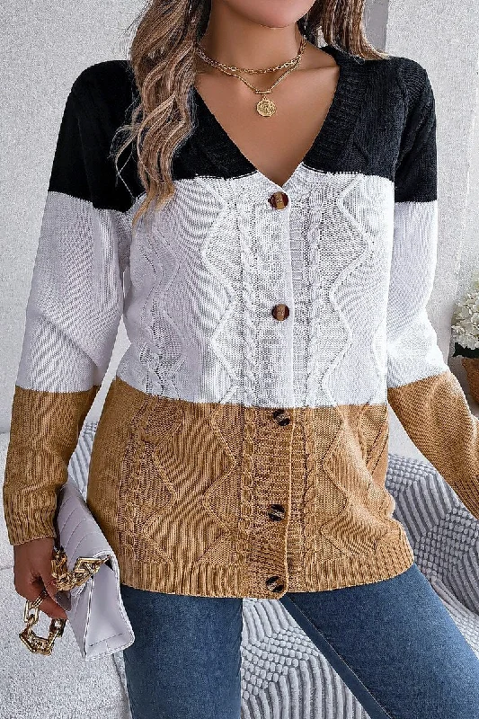 WOMEN V NECK COLOR BLOCK BUTTON DOWN CARDIGAN