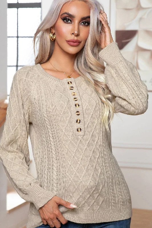 WOMEN BUTTON HENLEY NECK CABLE KNIT SWEATER