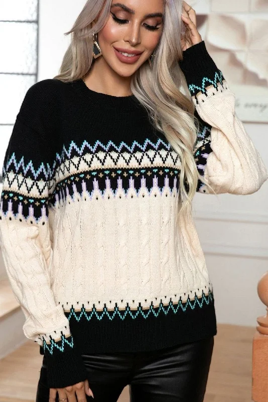 WOMEN LONG SLEEVE BOHEMIAN PATTERN KNIT SWEATER