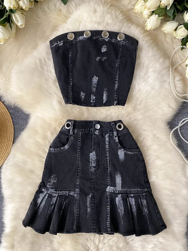 Edgy Denim Bustier and Ruffled Skirt Set