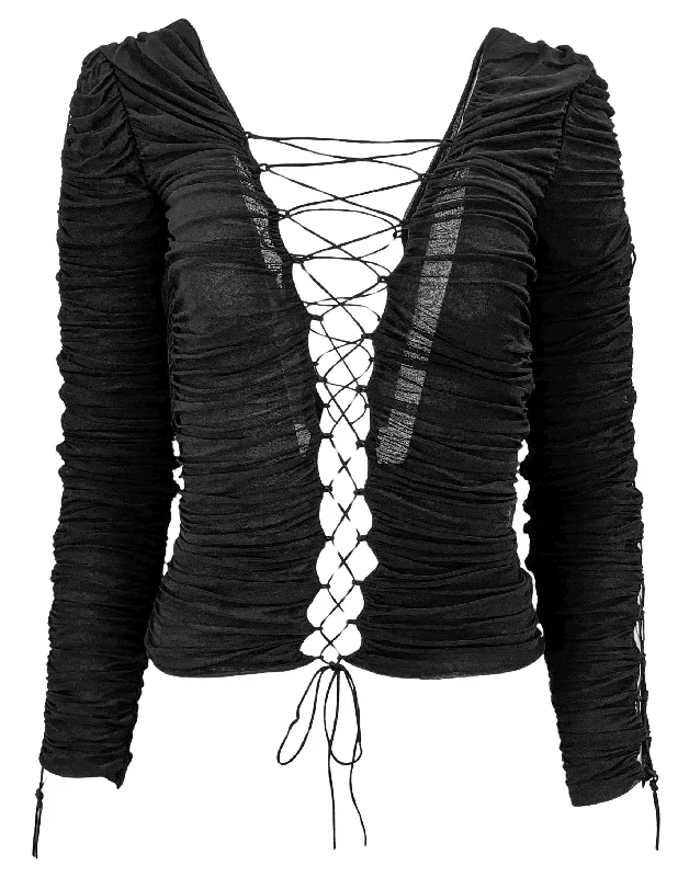 INTERIOR Kit Ruched Lace-Up Top in Black