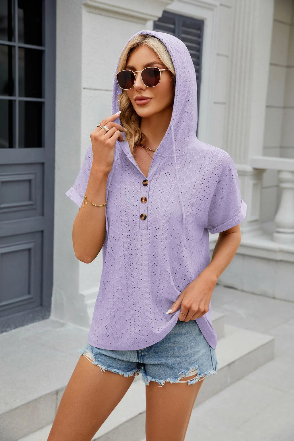 SOLID COLOR BUTTON HOODED LOOSE SHORT SLEEVE T-SHIRT Laid - back Women's Style
