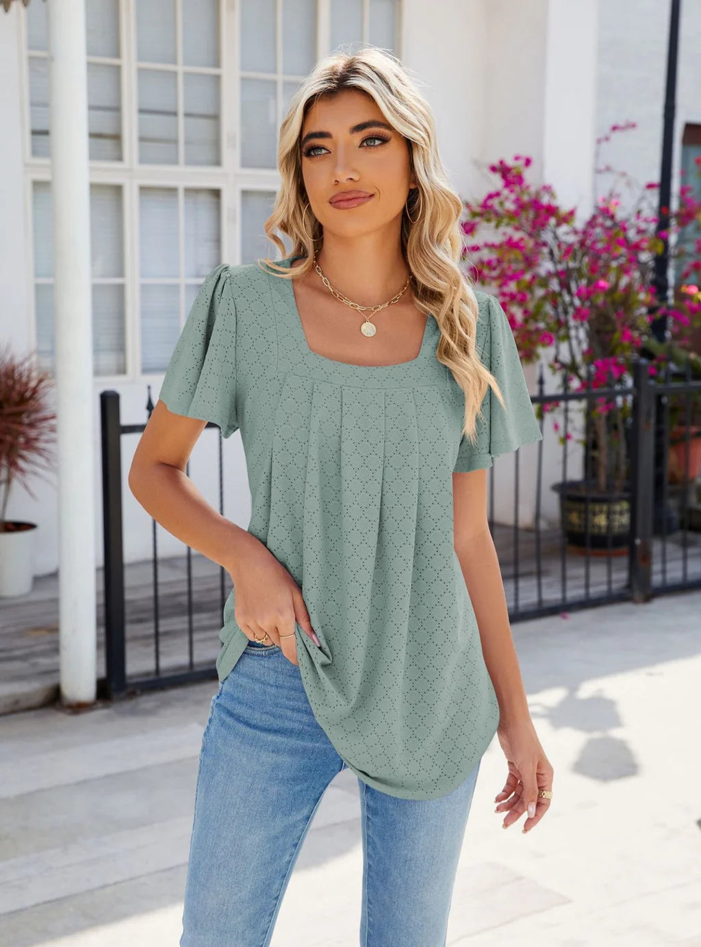 SOLID COLOR PLEATED SHORT SLEEVE LOOSE T-SHIRT Stylish Women's Tropical 