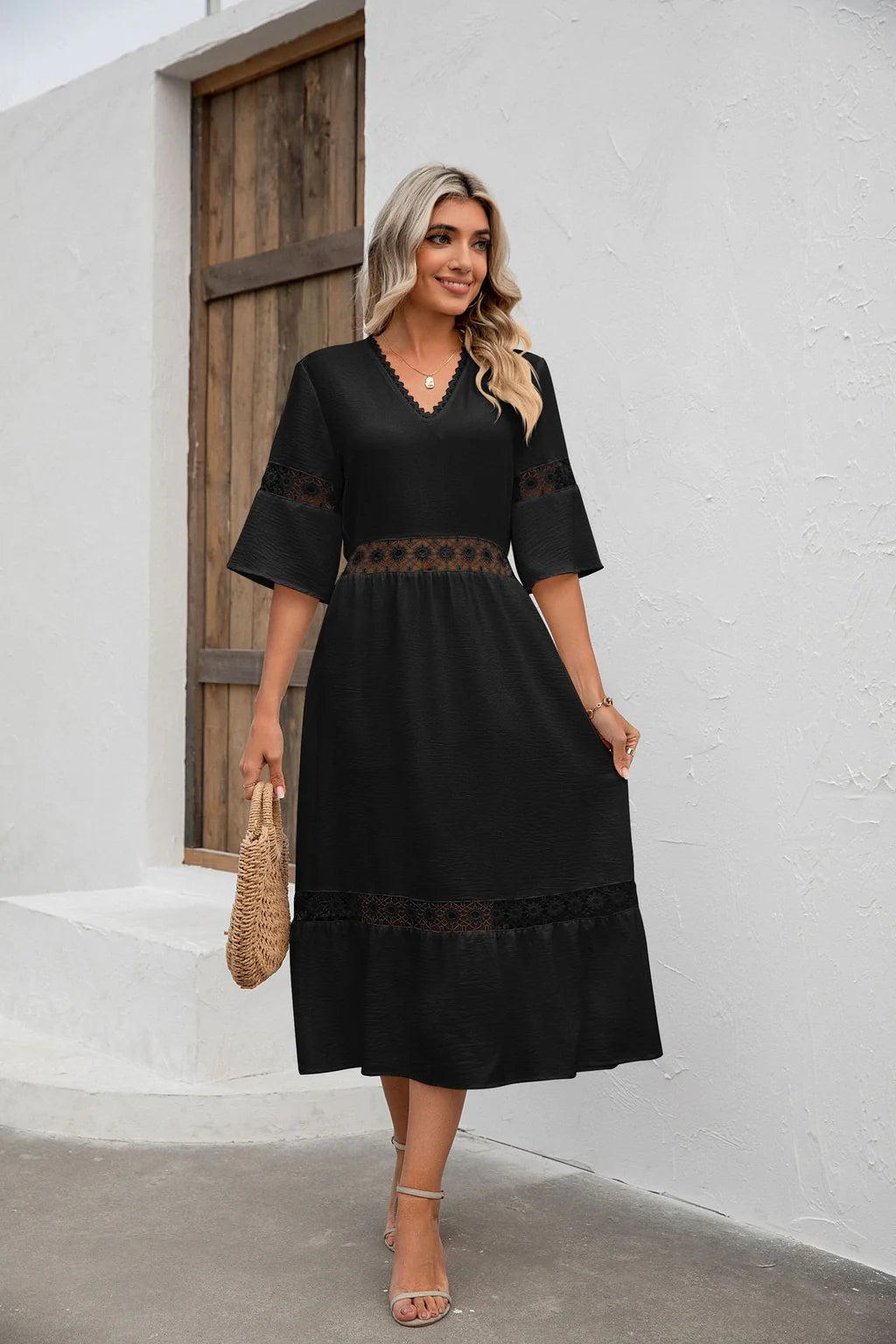 SOLID COLOR V-NECK OPENWORK LOOSE DRESS