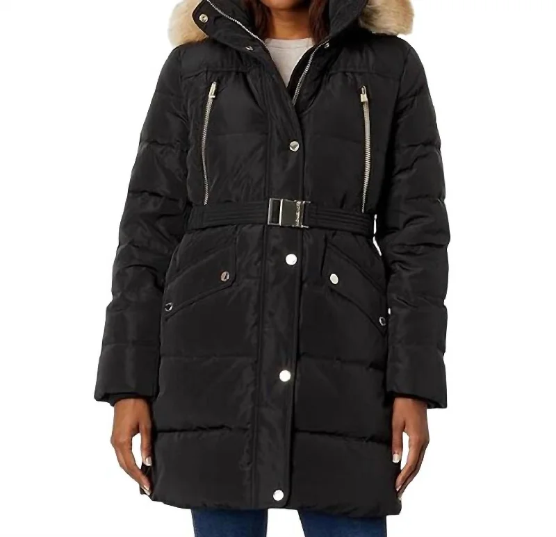 Belted Faux Fur 3/4 Length Puffer Coat In Black