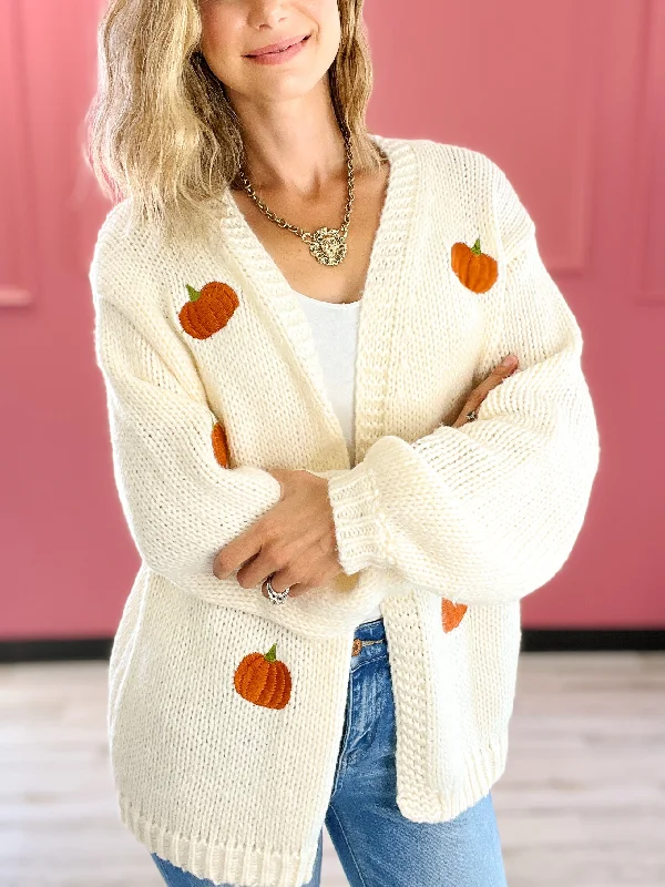 Pumpkin Embroidered V-Neck Knit Cardigan