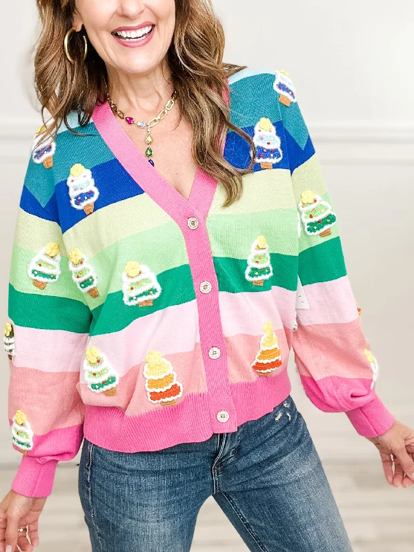 Queen of Sparkles Rainbow Stripe Knit Christmas Tree Cardigan