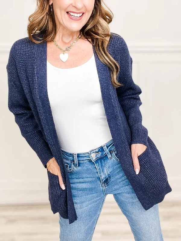 Waffle Textured Open Front Cardigan Sweater with Pockets